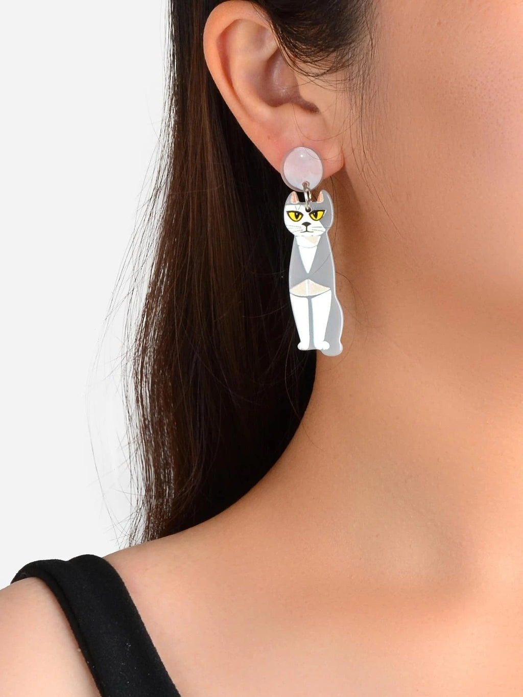 Cartoon Design Gray Resin Acrylic Cat Big Earrings Personality Women Accessories-1