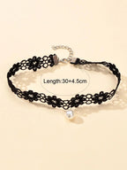 Black Elastic Pearl Charm Lace Flower Boho Gothic 90s Tattoo Choker Retro Collar-1