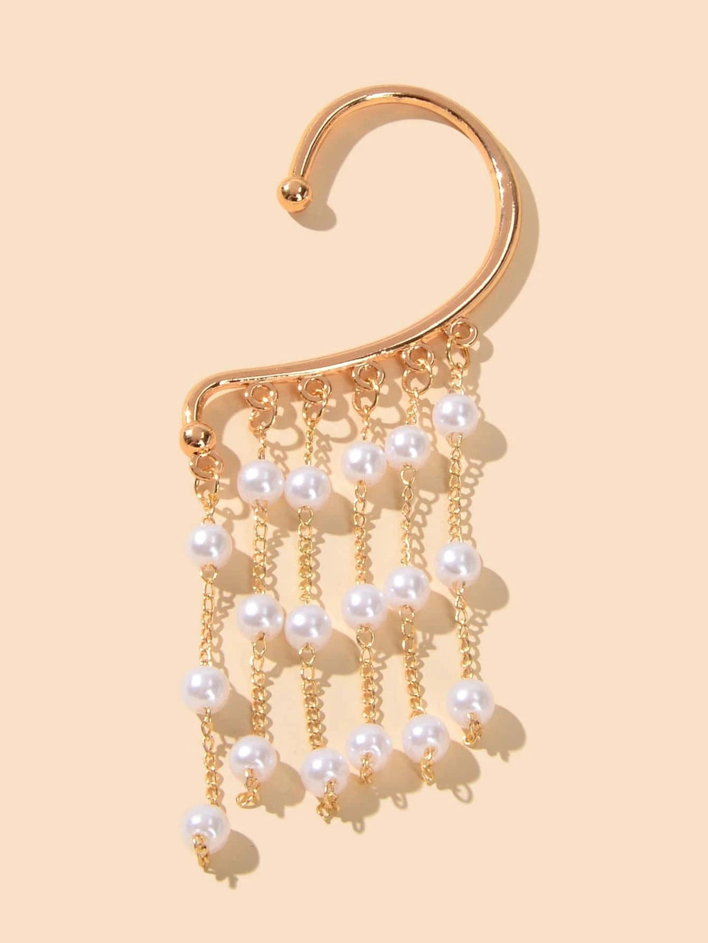 1 pc Pearl Decoration Long Gold Chain Tassel Ear Cuff Dangle Statement Earrings-1