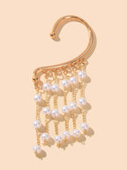 1 pc Pearl Decoration Long Gold Chain Tassel Ear Cuff Dangle Statement Earrings-1