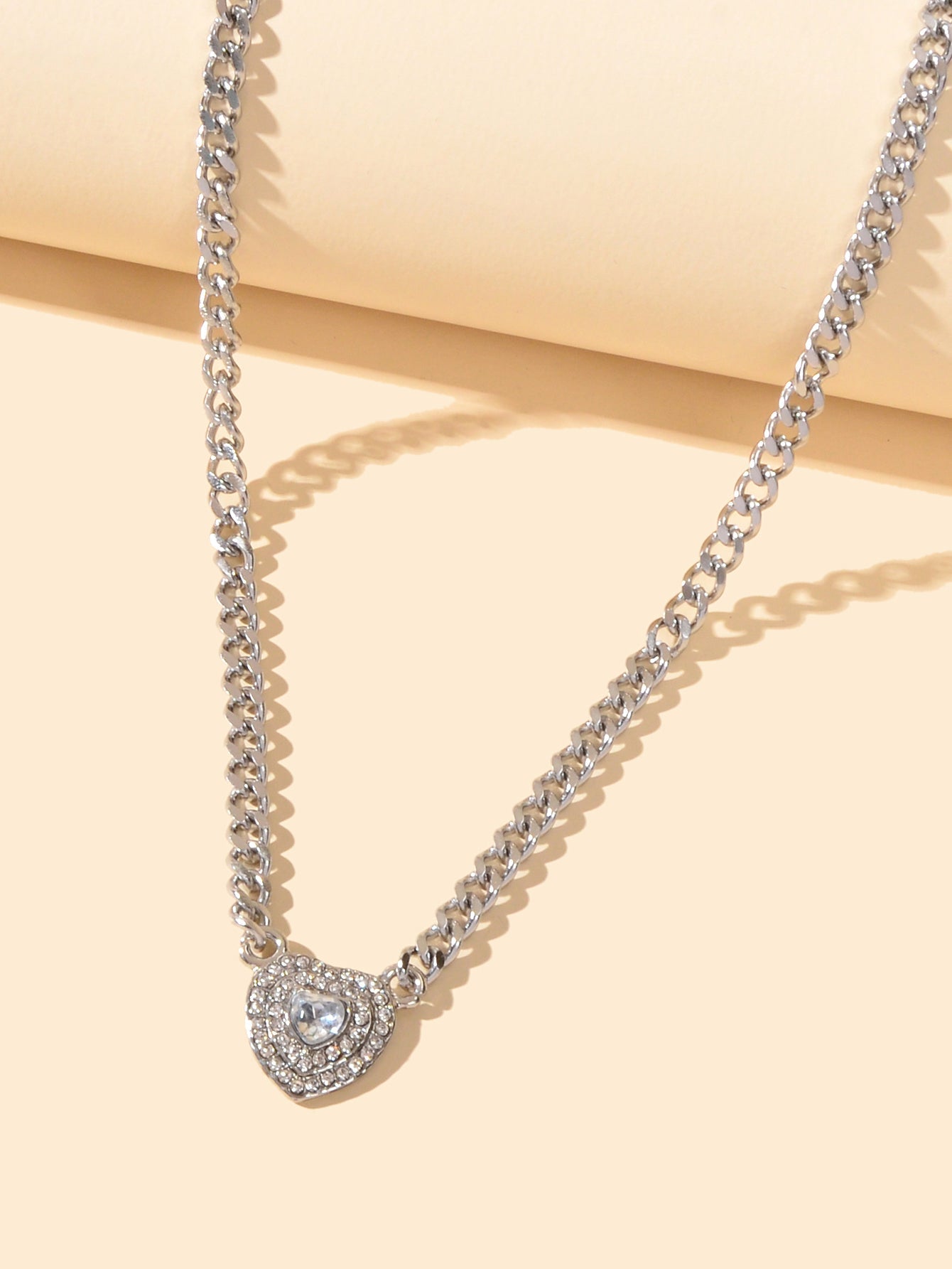 Textured Jewellery Silver Chain Full Rhinestone Heart Pendant Necklace Jewellery-2