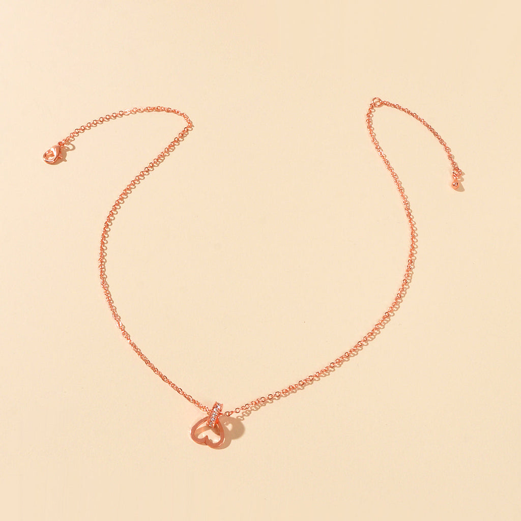Wedding Engagement Jewelry Rose Gold Chain Rhinestone Circle Heart Charm Necklace-1