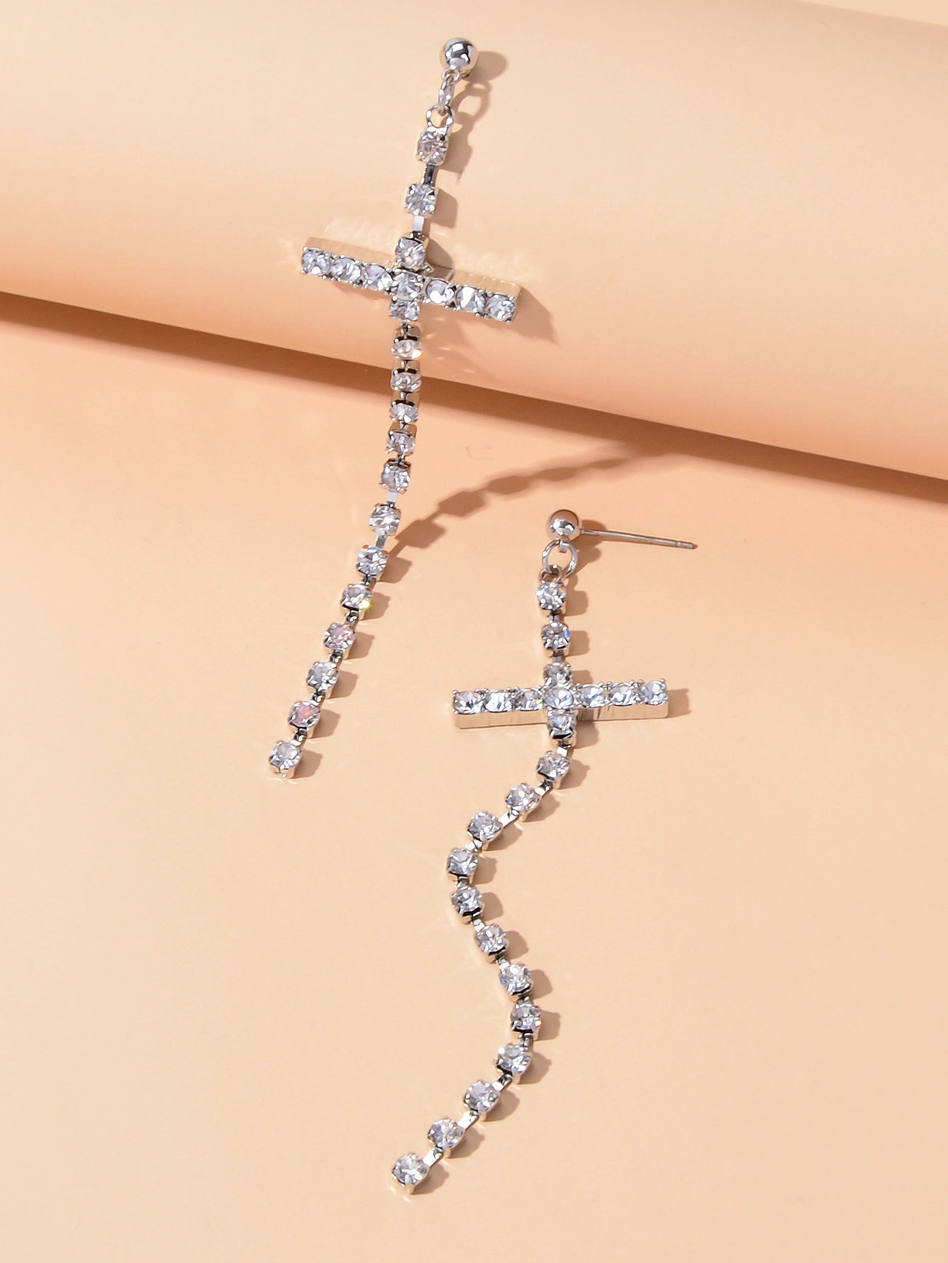 New Style Shining Full Rhinestone Long Silver Chain Cross Dangle Earrings Women-2