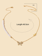 Textured Engagement Gift Jewelry Pearl Beads Chain Rhinestone Butterfly Necklace-2