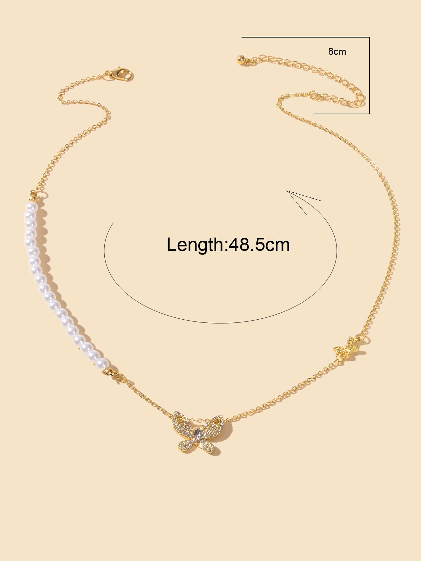 Textured Engagement Gift Jewelry Pearl Beads Chain Rhinestone Butterfly Necklace-2