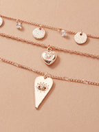 Stylish Triple-Layered Round Disc Heart Pendant Necklace Girls Unique Jewellery
