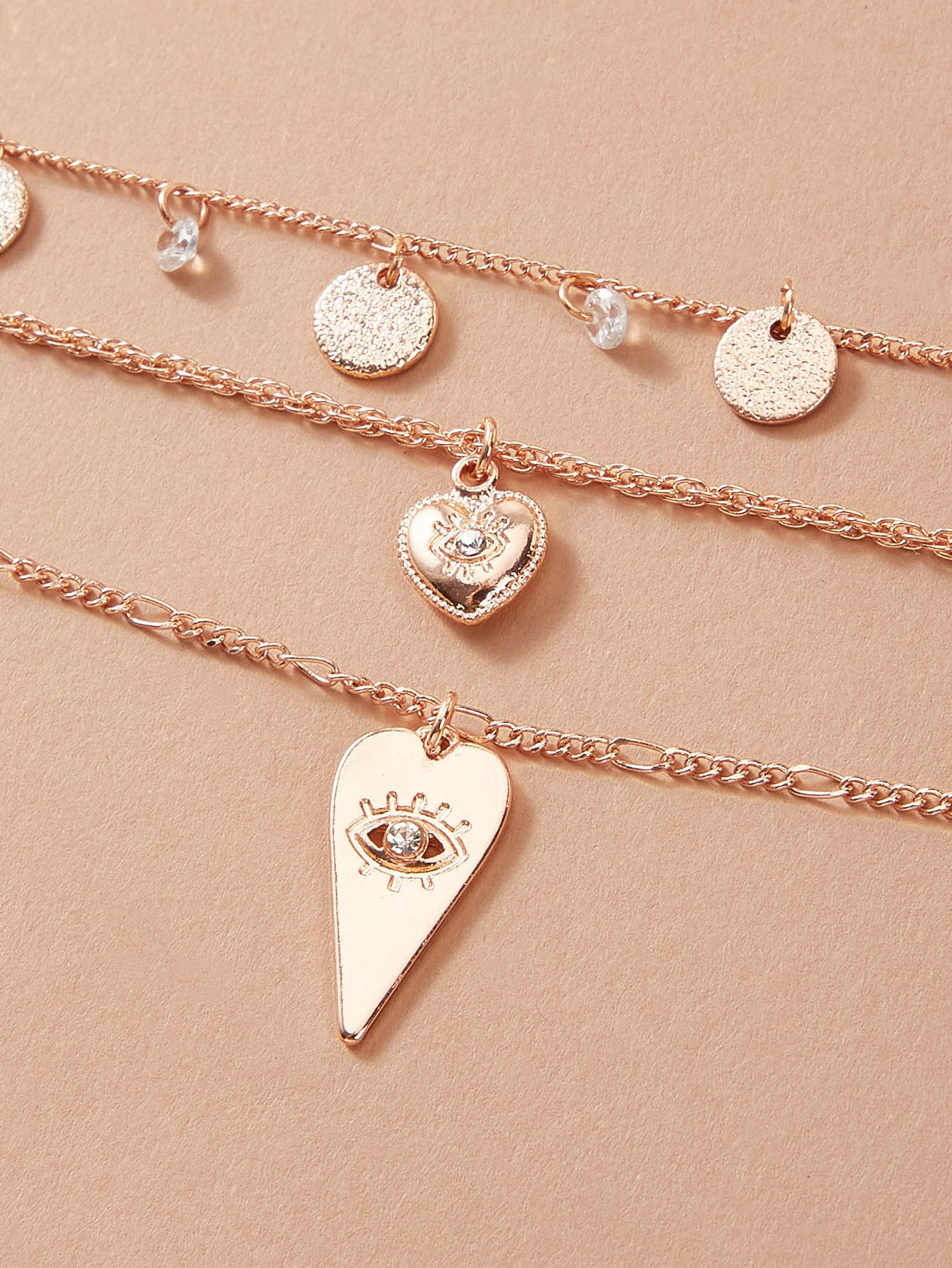 Stylish Triple-Layered Round Disc Heart Pendant Necklace Girls Unique Jewellery