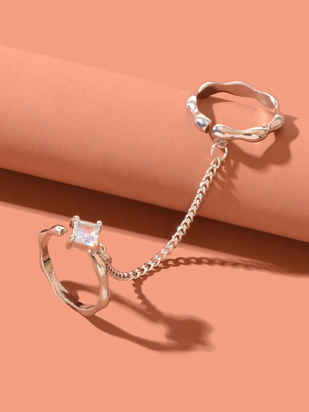 Unique Zirconia Decor Silver Double Fingers Ring with Chain Elegant Accessories-2