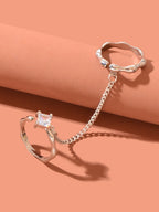 Unique Zirconia Decor Silver Double Fingers Ring with Chain Elegant Accessories-2