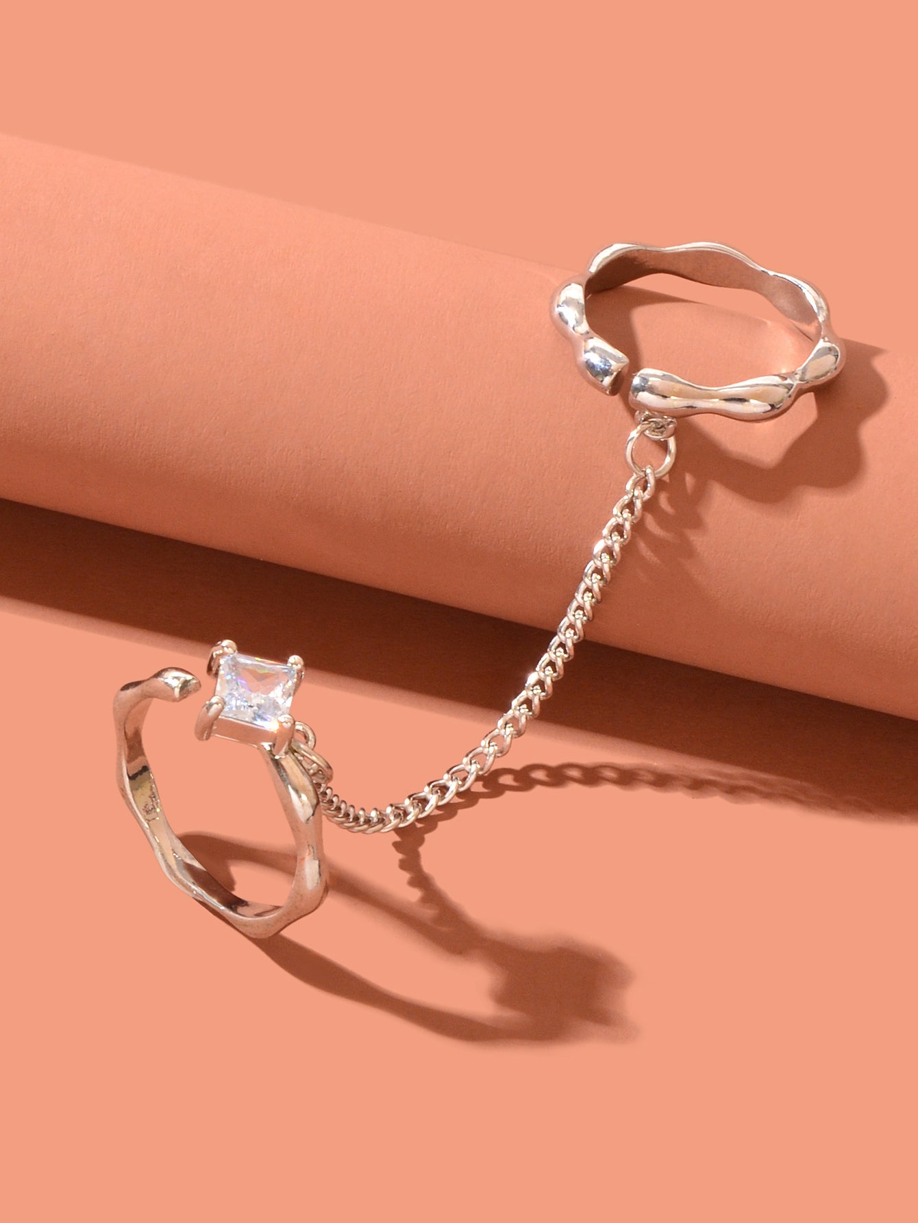 Unique Zirconia Decor Silver Double Fingers Ring with Chain Elegant Accessories-2