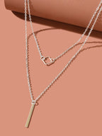 Double Layer Silver Chain Y Style Square Bar Pendant Necklace Party Accessories-2