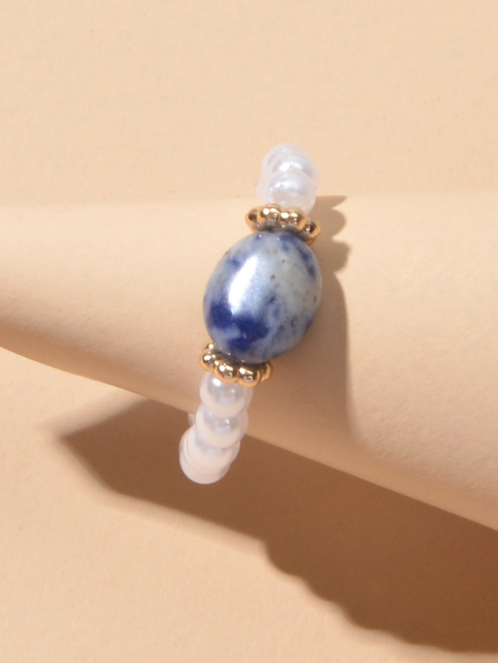 Retro Textured Jewellery Elastic Pearl Natural Stone Finger Ring Band for Women-2