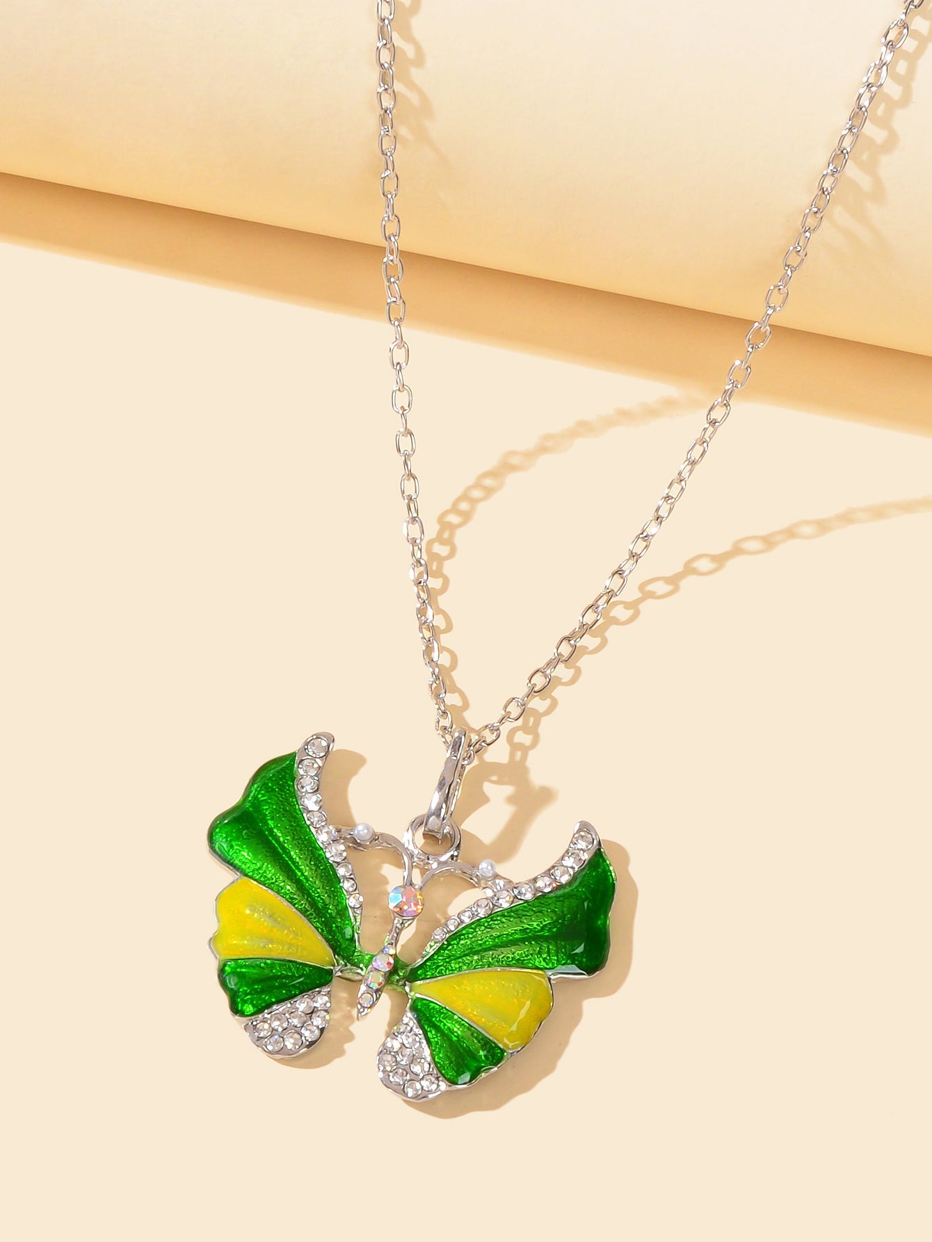 Boho Chic Silver Chain Rhinestone Blue Green Insect Butterfly Pendant Necklace-2