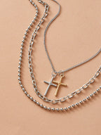 3pcs Punk Jewelry Silver Popcorn Chain Cross Charm Statement Necklace for Women-2
