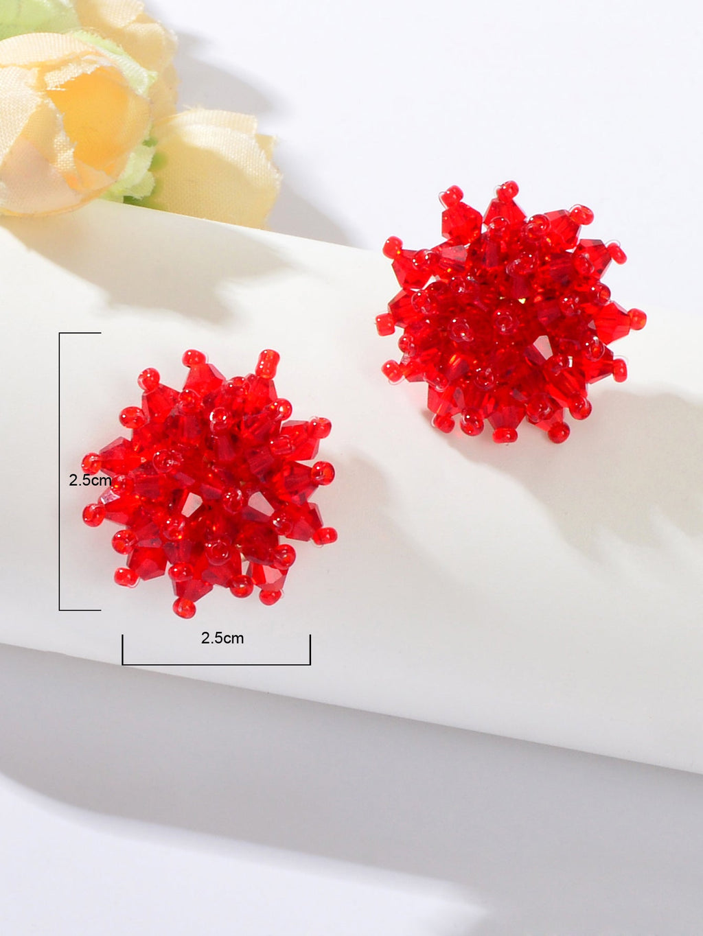 Handmade Red Glass Seed Beads Braided Flower Stud Earrings Ideal Holiday Jewerly