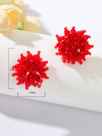 Handmade Red Glass Seed Beads Braided Flower Stud Earrings Ideal Holiday Jewerly