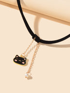 Black Choker Gold Chain Pearl Cat Charm Necklace Lovely Short Women Party Collar