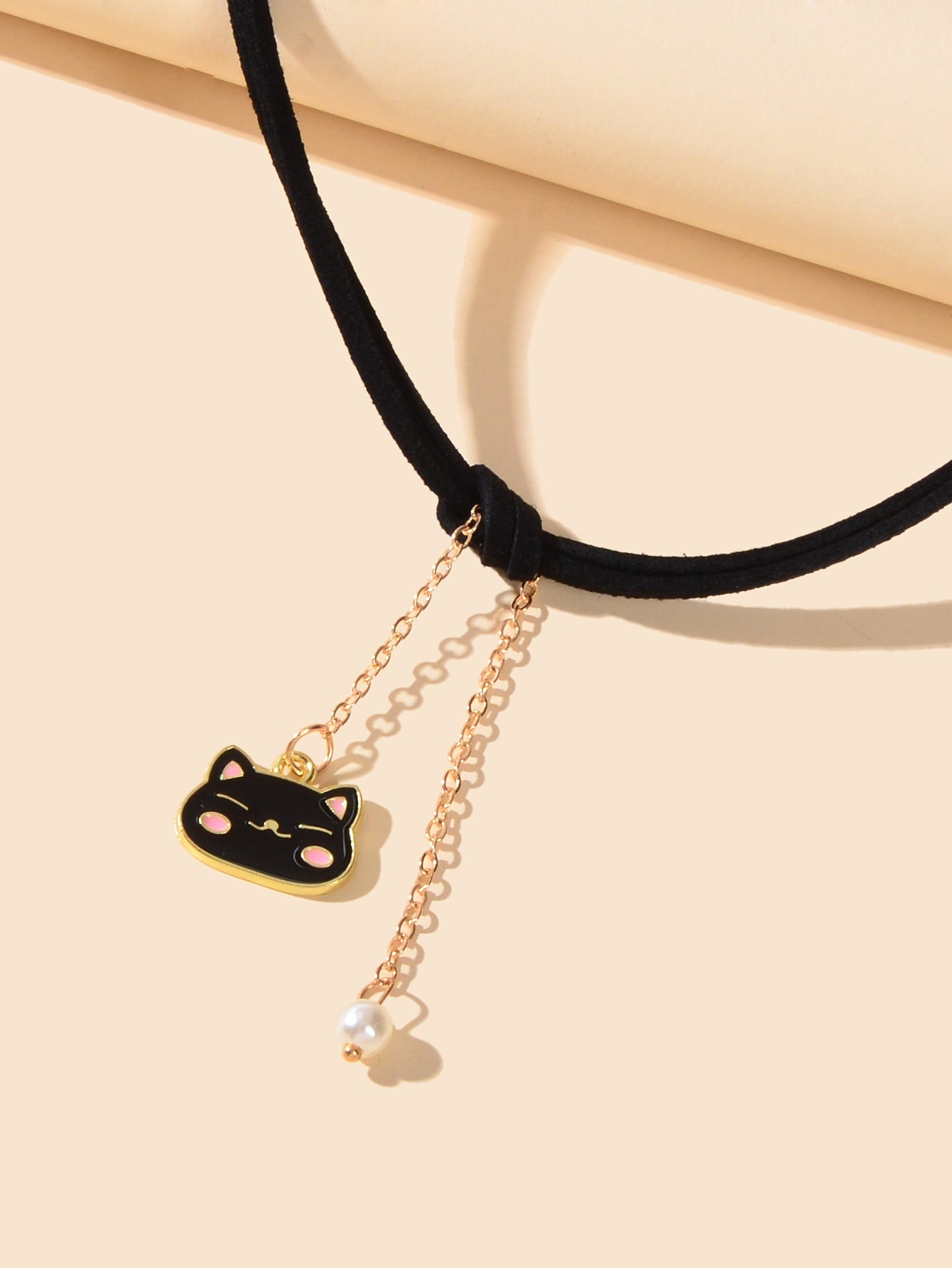 Black Choker Gold Chain Pearl Cat Charm Necklace Lovely Short Women Party Collar