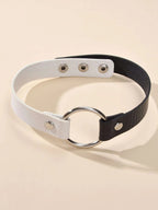 Gothic 90s Silver PU Leather Punk Tattoo Choker Necklace Round Circle Collar-2