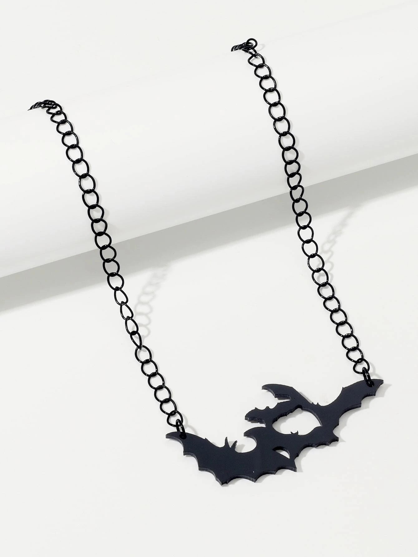 Halloween Jewellery Black Acrylic Bat Statement Pendant Punk Necklace Accessory-3