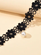 Black Elastic Pearl Charm Lace Flower Boho Gothic 90s Tattoo Choker Retro Collar-2