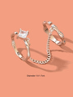 Unique Zirconia Decor Silver Double Fingers Ring with Chain Elegant Accessories-3