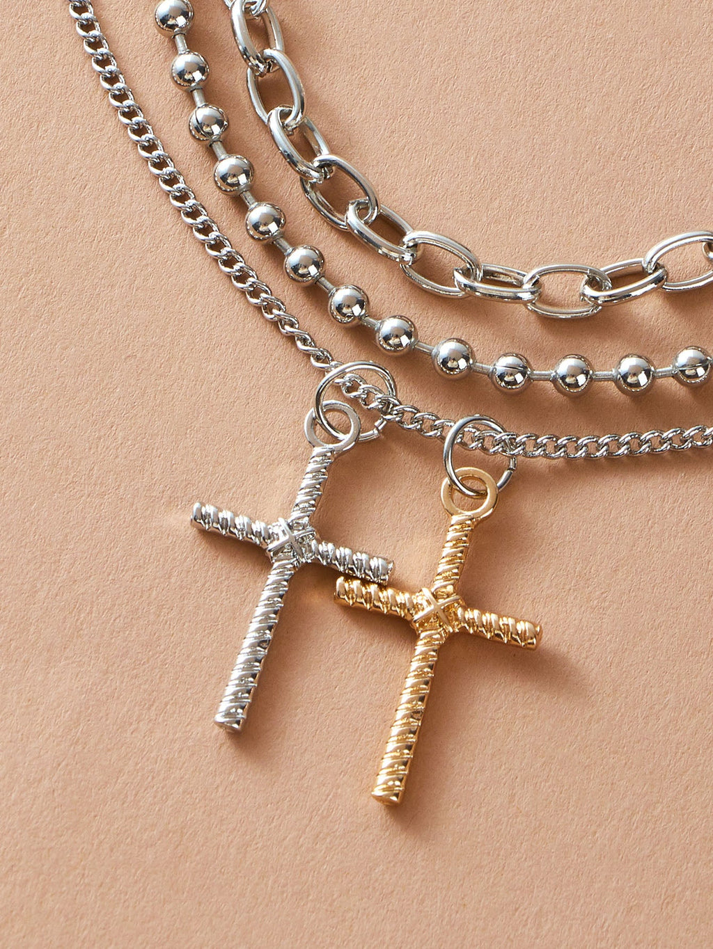 3pcs Punk Jewelry Silver Popcorn Chain Cross Charm Statement Necklace for Women-3