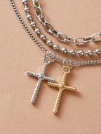 3pcs Punk Jewelry Silver Popcorn Chain Cross Charm Statement Necklace for Women-3
