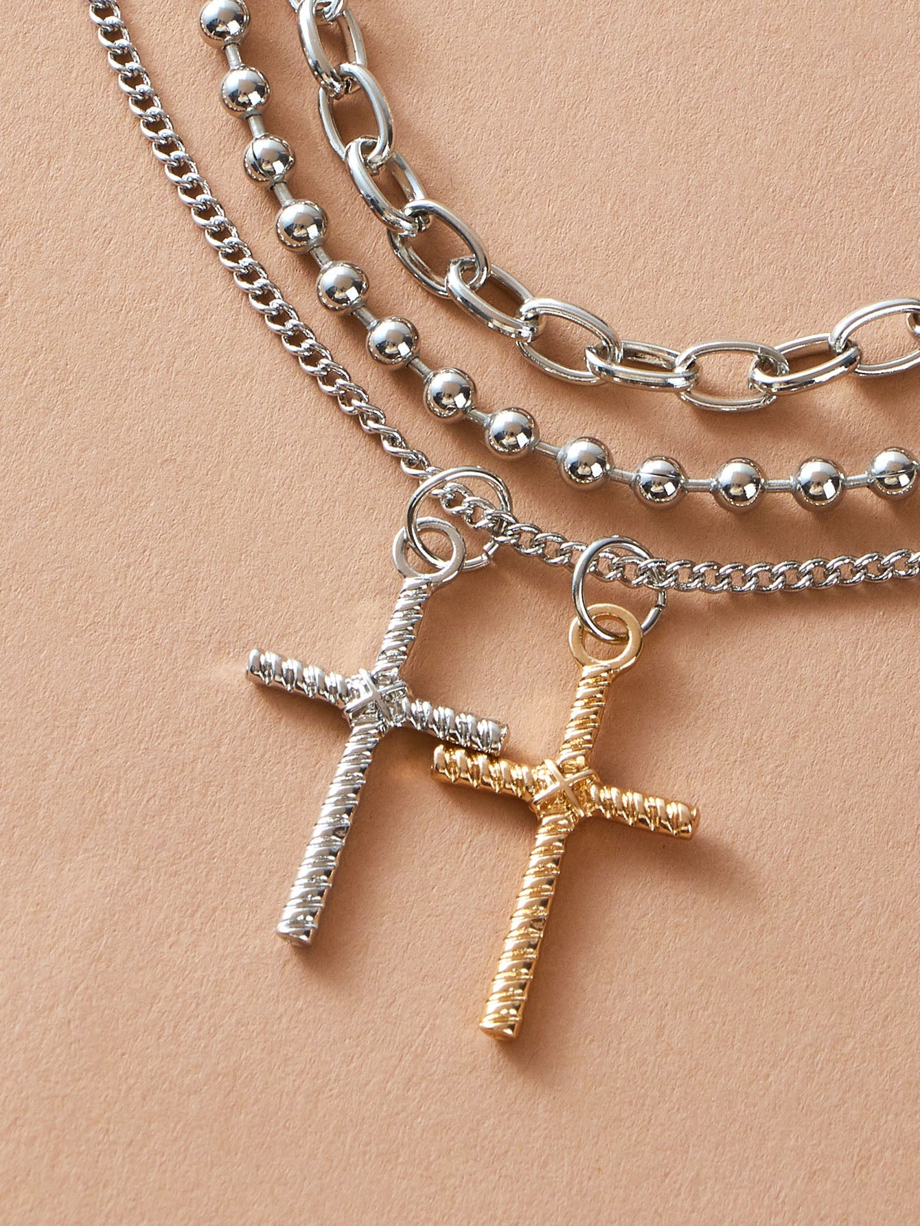 3pcs Punk Jewelry Silver Popcorn Chain Cross Charm Statement Necklace for Women-3