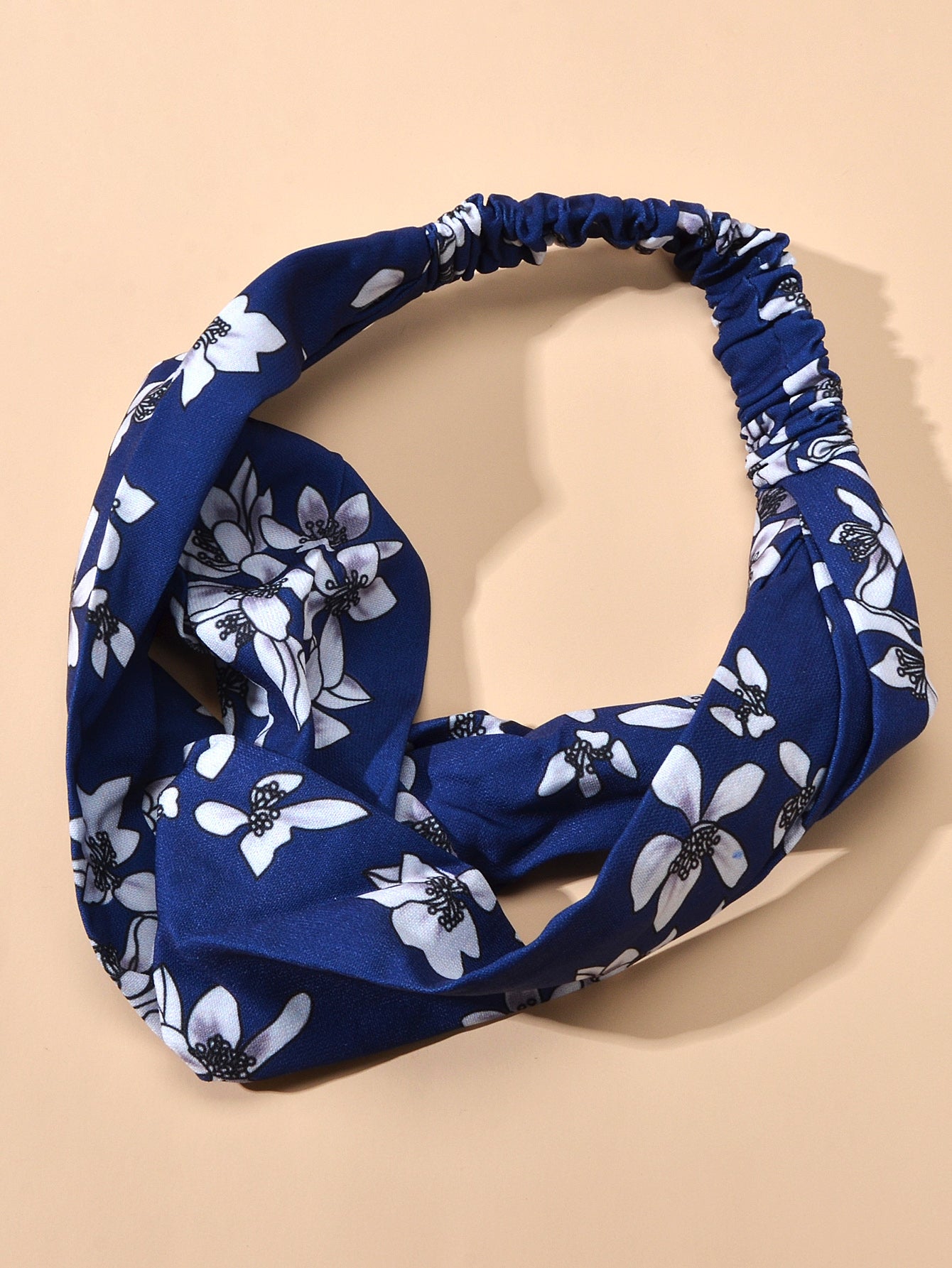 Ethnic Wide Headband White Flower Blue Stretch Elastic Turbans Stylish Hair Band-3