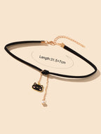 Black Choker Gold Chain Pearl Cat Charm Necklace Lovely Short Women Party Collar