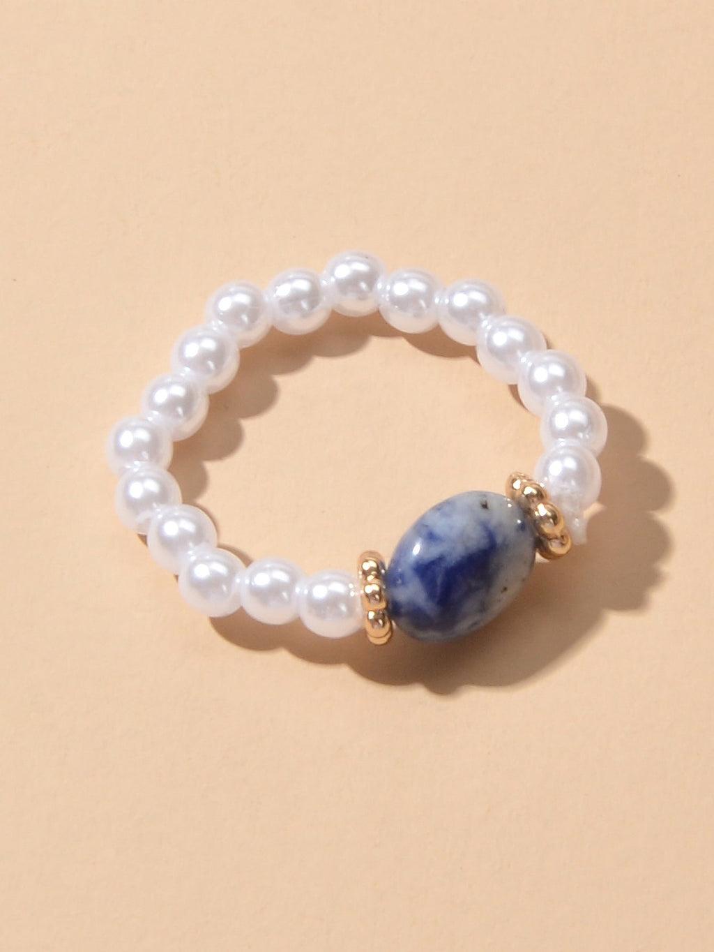 Retro Textured Jewellery Elastic Pearl Natural Stone Finger Ring Band for Women-3