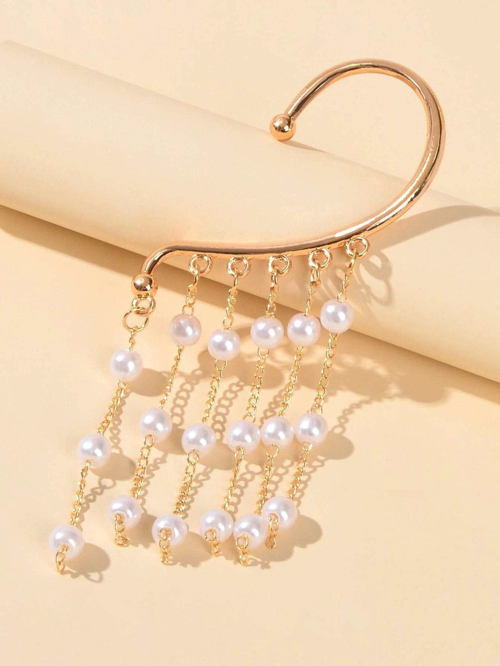 1 pc Pearl Decoration Long Gold Chain Tassel Ear Cuff Dangle Statement Earrings-3