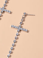 New Style Shining Full Rhinestone Long Silver Chain Cross Dangle Earrings Women-4