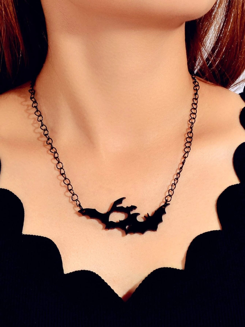 Halloween Jewellery Black Acrylic Bat Statement Pendant Punk Necklace Accessory-0