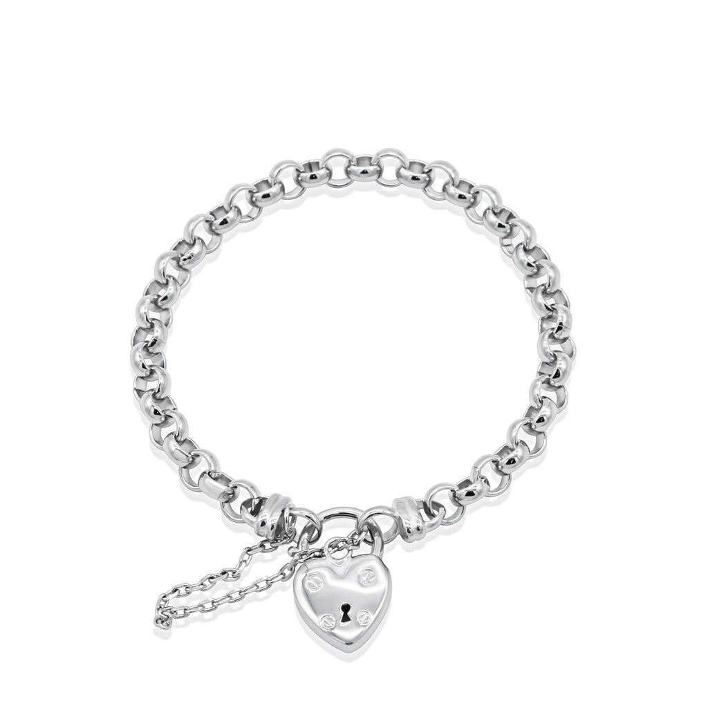 925 Sterling Silver Plated 6mm Belcher Chain Bracelet with a Small Plain Heart Locket - USA Made