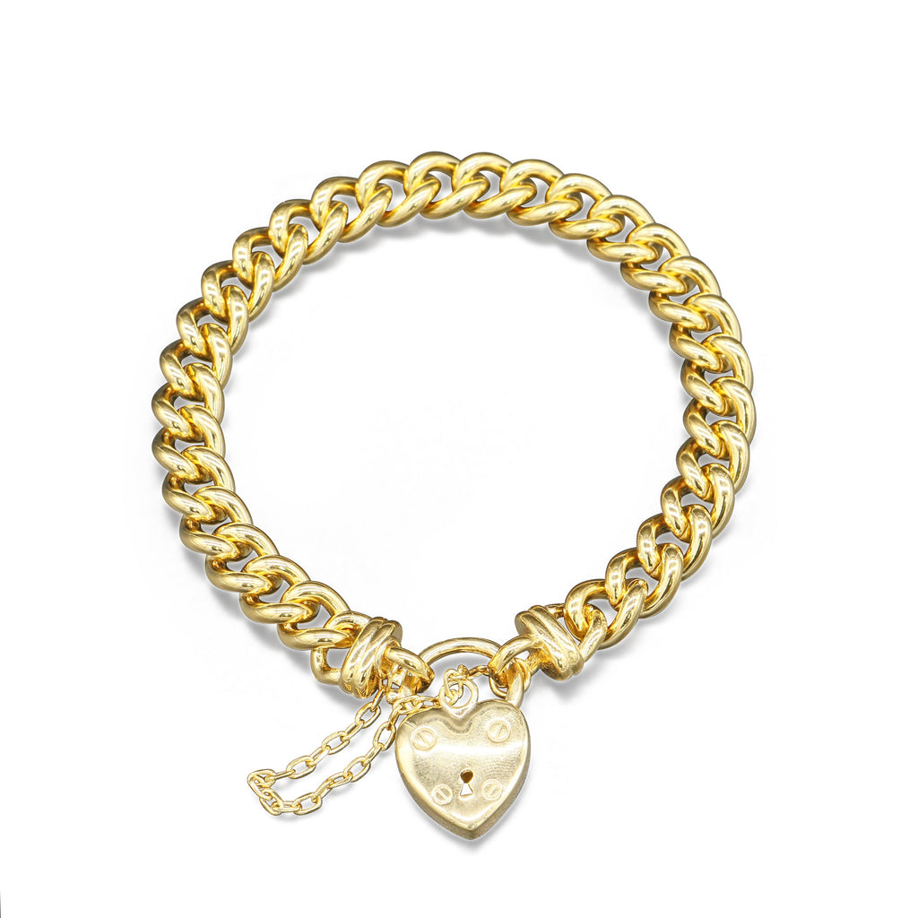 18ct Heavy Yellow Gold Plated  Euro Chain Bracelet with a Small Plain Heart Locket - USA Made