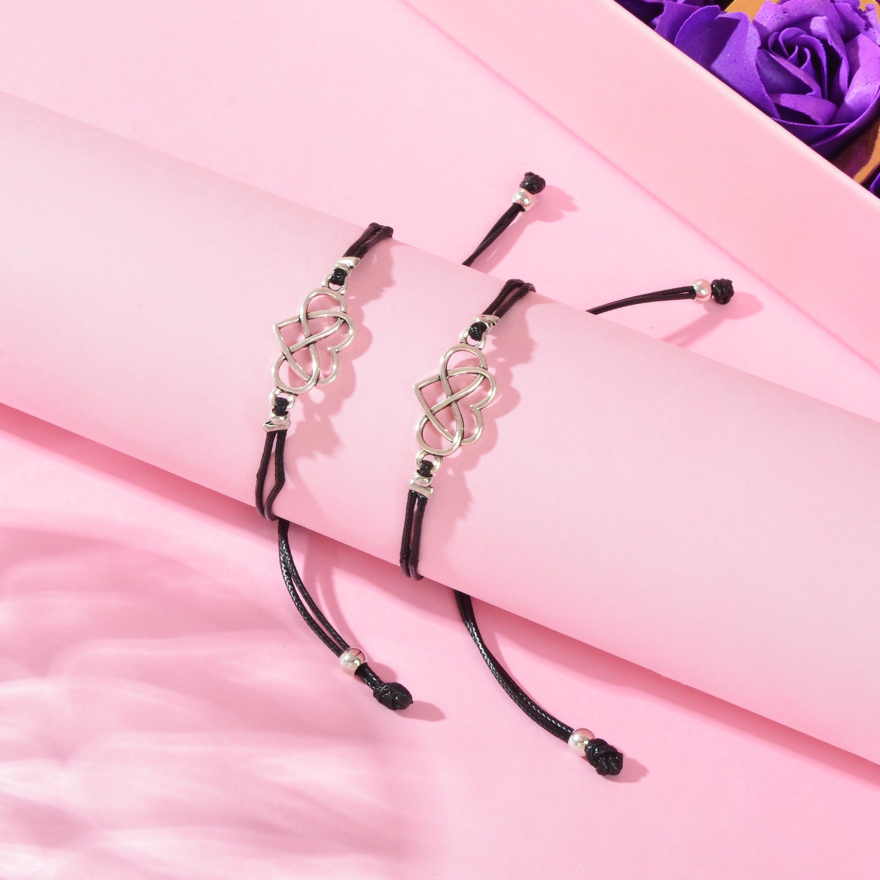 2 pcs Double layer Black Adjustable Rope Heart Charm Friendship Bracelets set-2