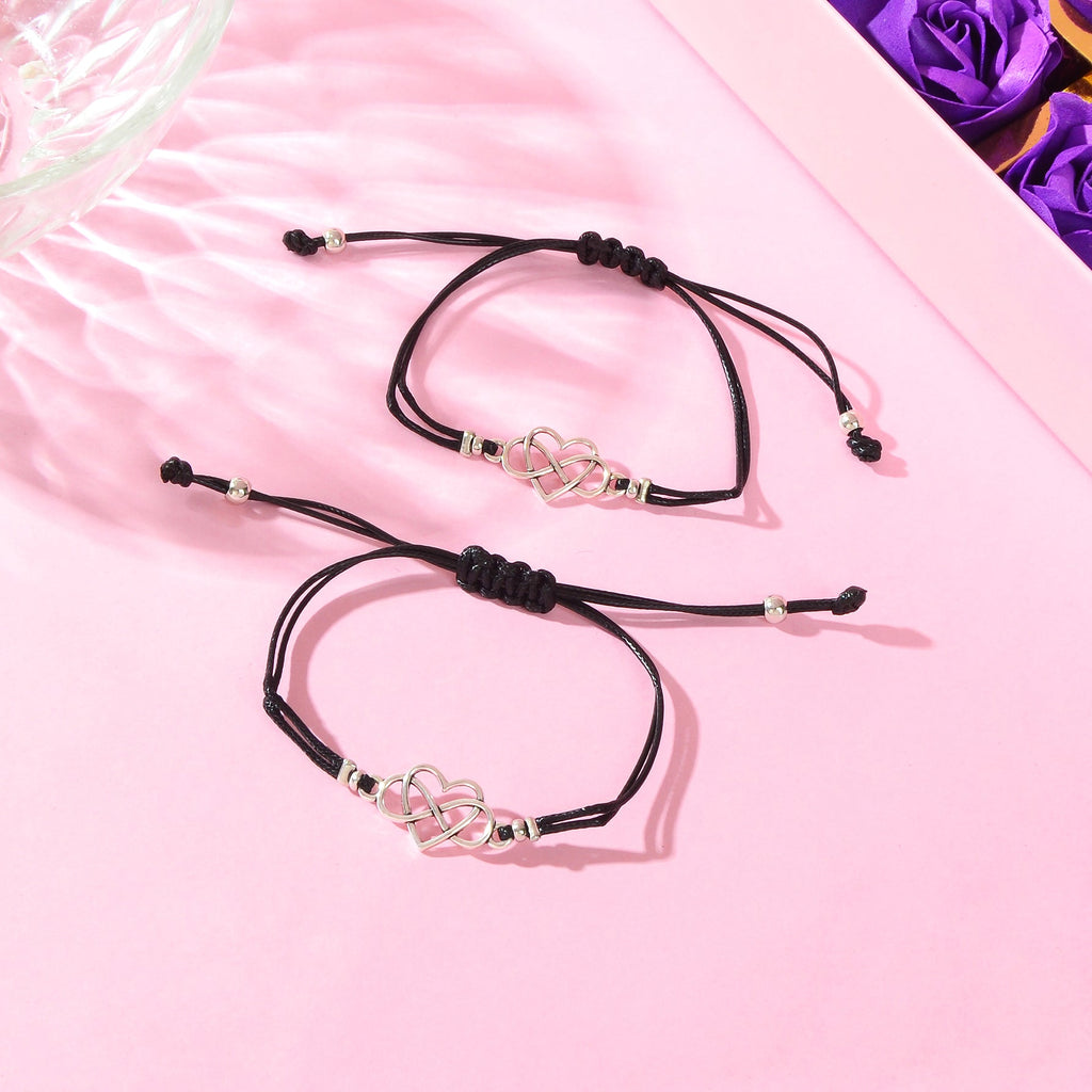 2 pcs Double layer Black Adjustable Rope Heart Charm Friendship Bracelets set-3
