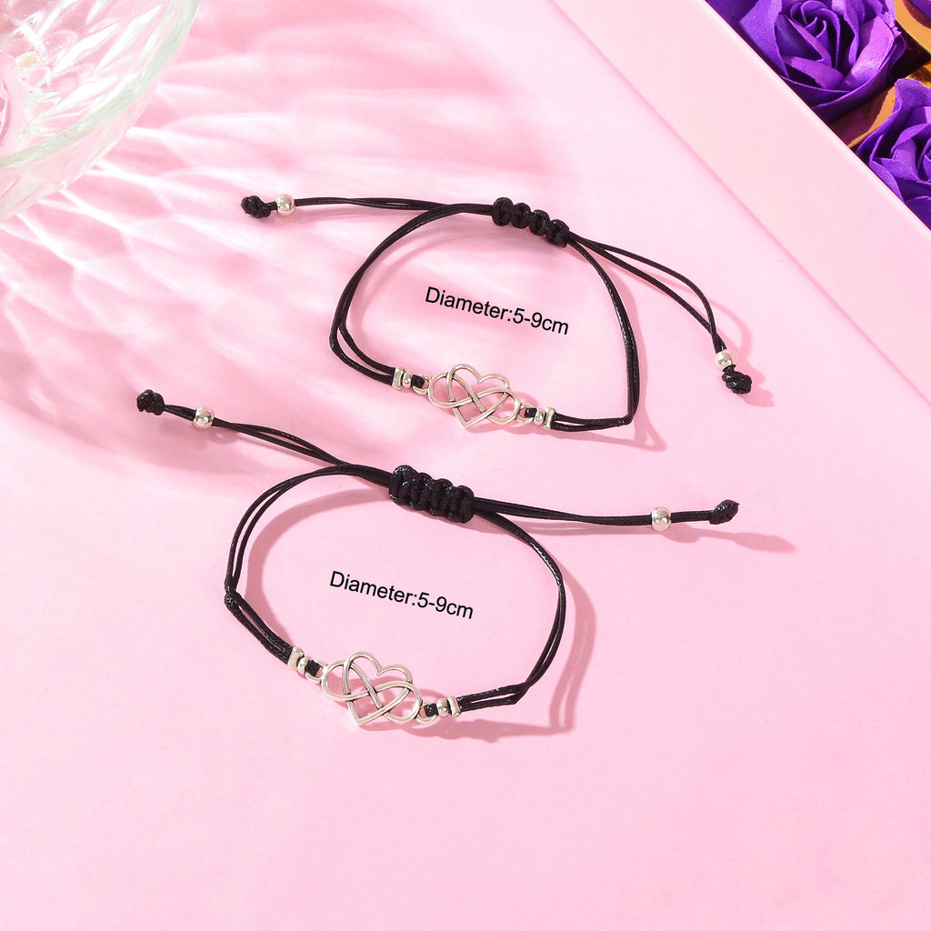 2 pcs Double layer Black Adjustable Rope Heart Charm Friendship Bracelets set-4