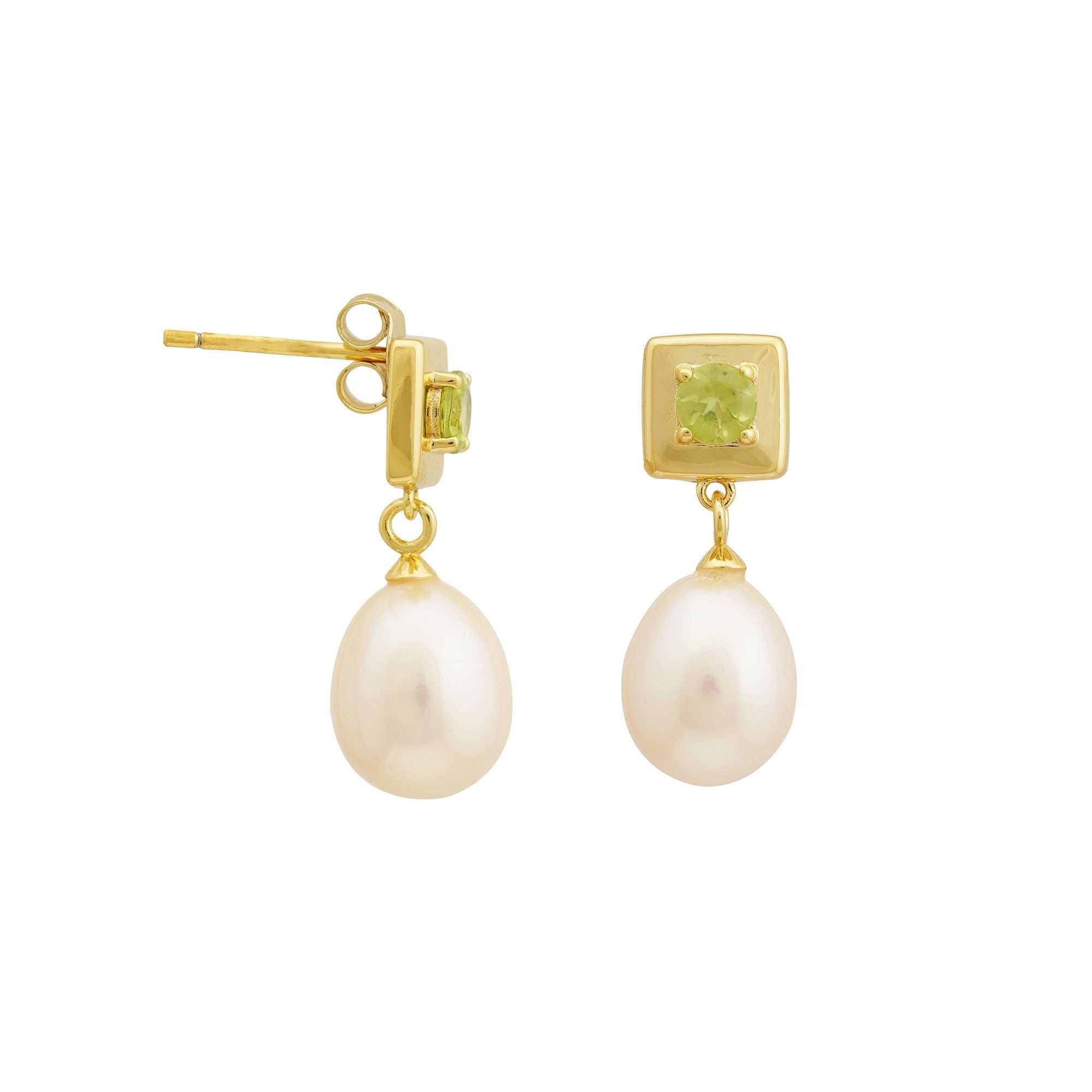 4 MM Peridot Stone & 9 - 9.5 MM Freshwater Pearl Vienna Earrings in 24 CT Gold Plated Silver 925 Setting