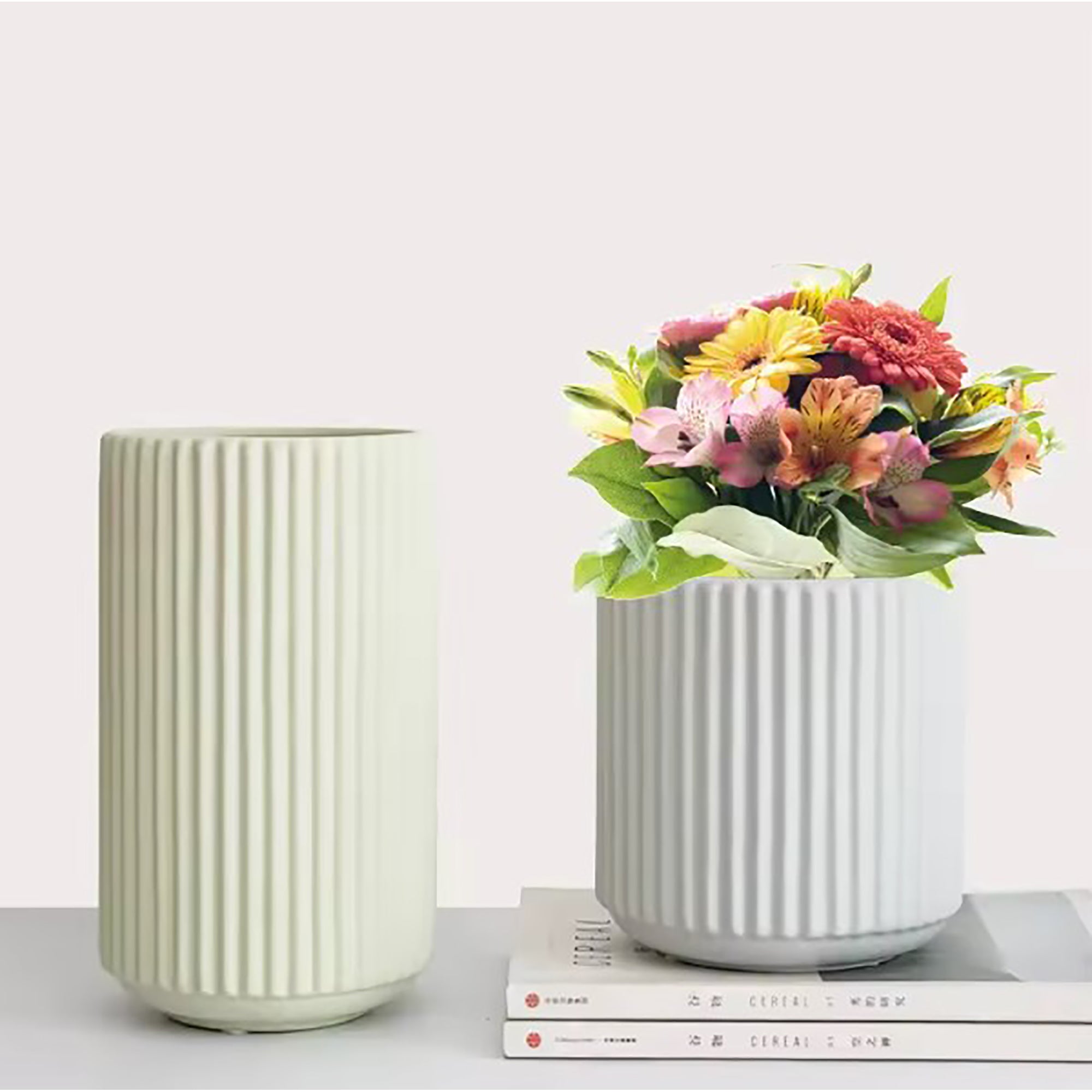 Ribbed Ceramic Vase-Grey-L-2