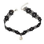 Black Elastic Pearl Charm Lace Flower Boho Gothic 90s Tattoo Choker Retro Collar-4
