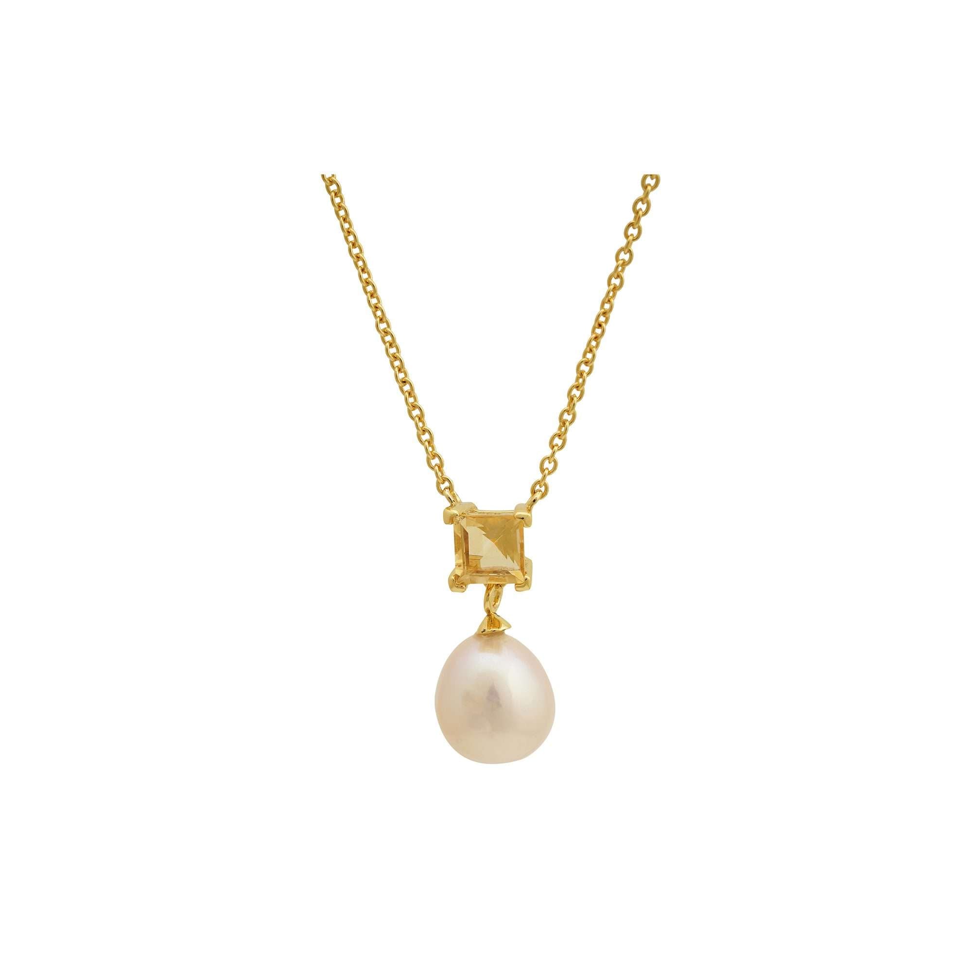 5 MM Citrine Stone & 9 - 9.5 MM Freshwater Pearl Venice Pendant in 24 CT Gold Plated Silver 925 Setting