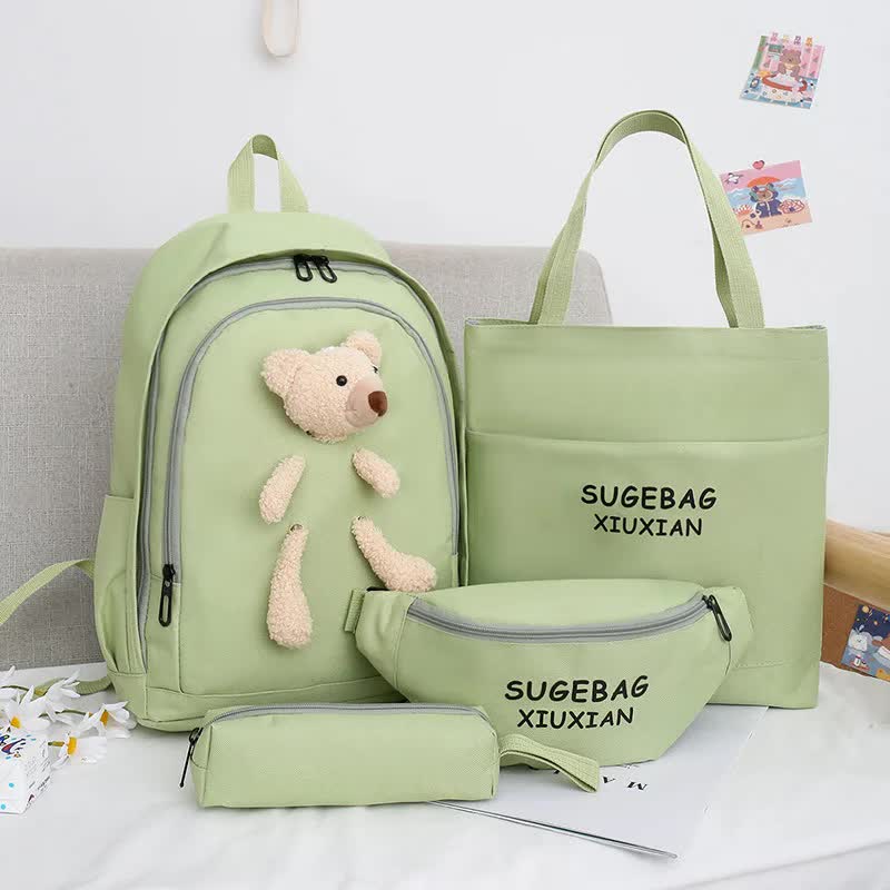 NNEDSZ Green Cute Little Bear Girls' Backpack Set - Korean Style Large Capacity School Bag for High School & Middle School Students, 4-Piece Set