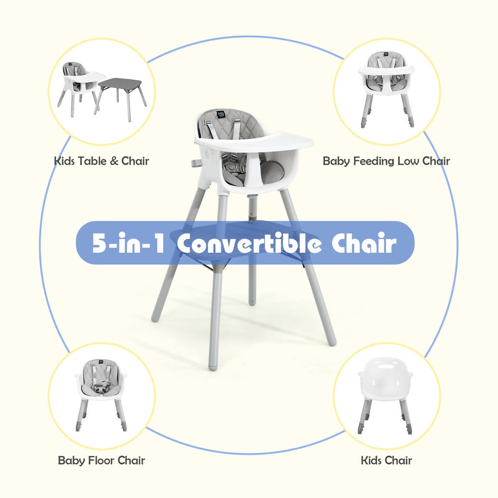 NNECW 5-in-1 Multifunctional Convertible Baby Highchair with Harness &amp Removable Tray-Grey