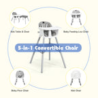NNECW 5-in-1 Multifunctional Convertible Baby Highchair with Harness &amp Removable Tray-Grey