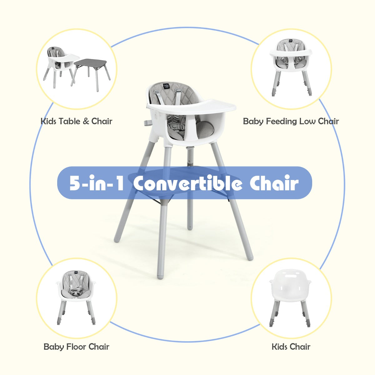 NNECW 5-in-1 Multifunctional Convertible Baby Highchair with Harness &amp Removable Tray-Grey