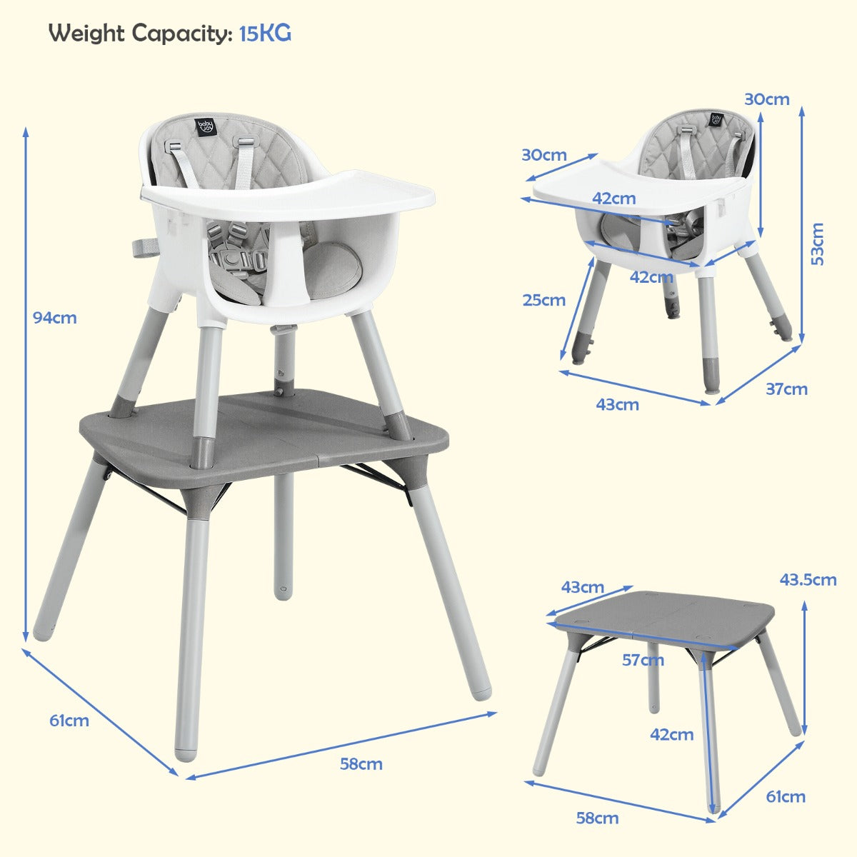 NNECW 5-in-1 Multifunctional Convertible Baby Highchair with Harness &amp Removable Tray-Grey