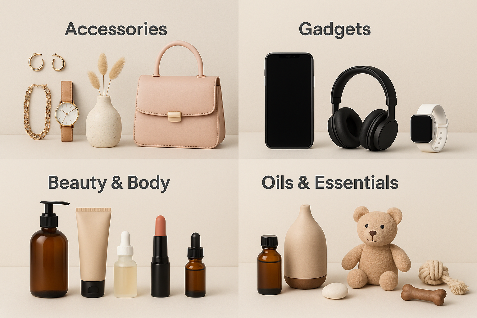 I have made an ecommerce website, categories are accessories , home and decor, gadgets, beauty and body, oils and essentials and pet accessories , so need an image containing all 